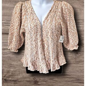 FREE PEOPLE Women's Tie Front Bishop Sleeve Crocheted Cardigan Sweater Size L